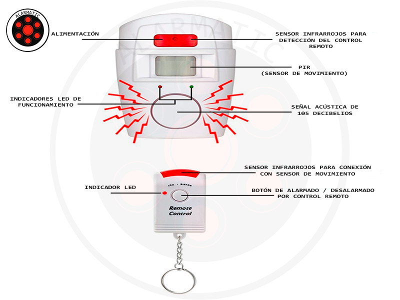 Detector de movimiento con sensor infrarrojos y sirena de 105dB incorp